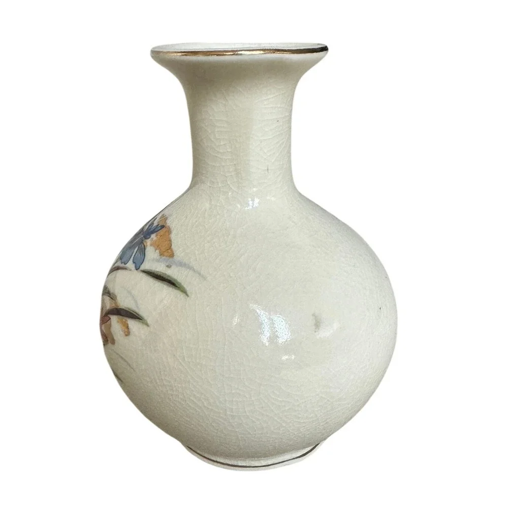 Vintage Japanese Satsuma Style Crackle Glaze Vase Kingfisher Iris Gold Trim 8